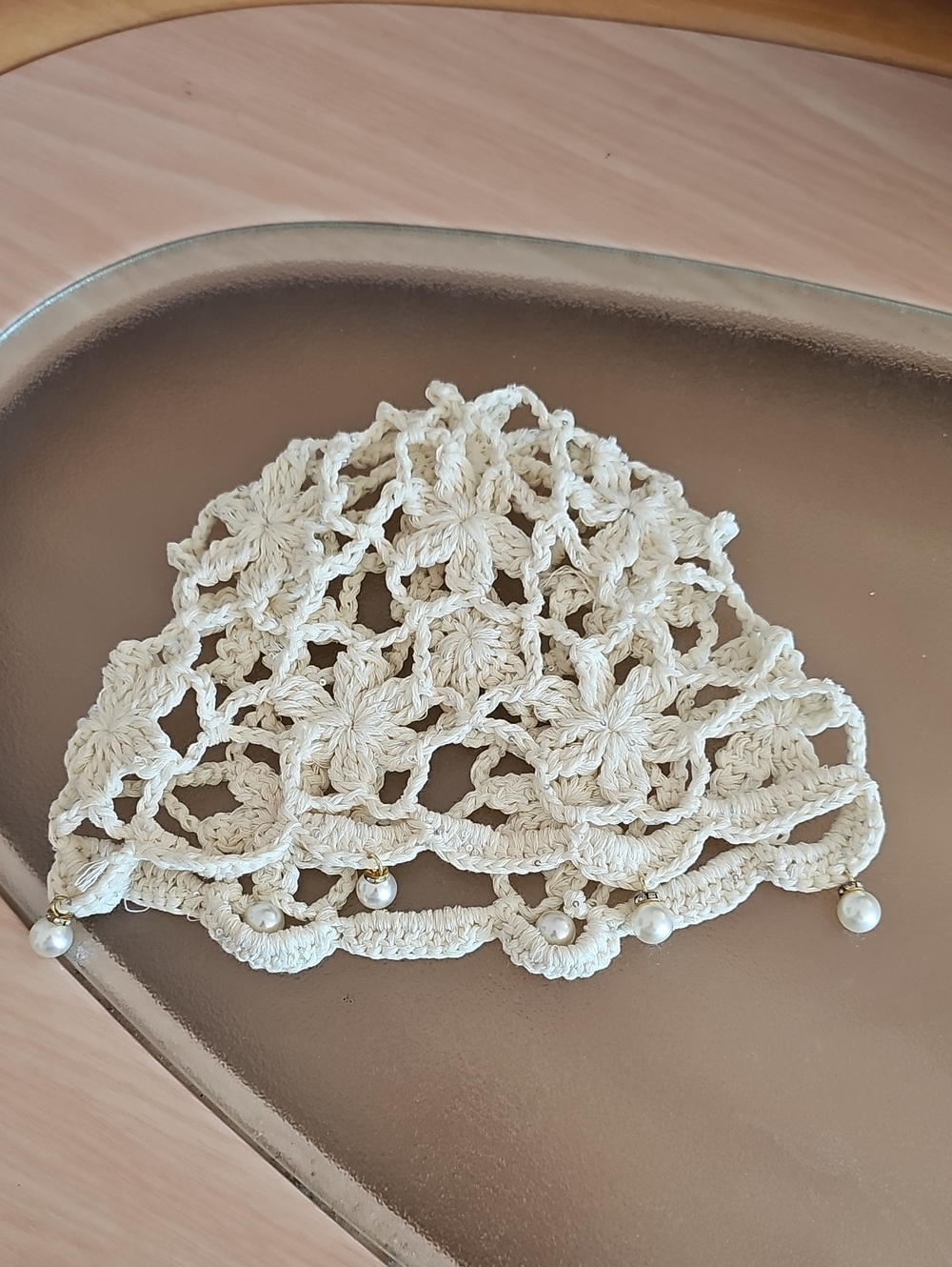 Handmade Cream Crochet Hairnet with Pearl Accents